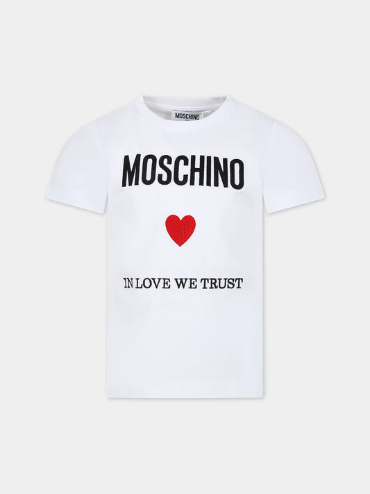 T-shirt bianca per bambina con logo e cuore rosso,Moschino Kids,HOM04K LAA22 10101