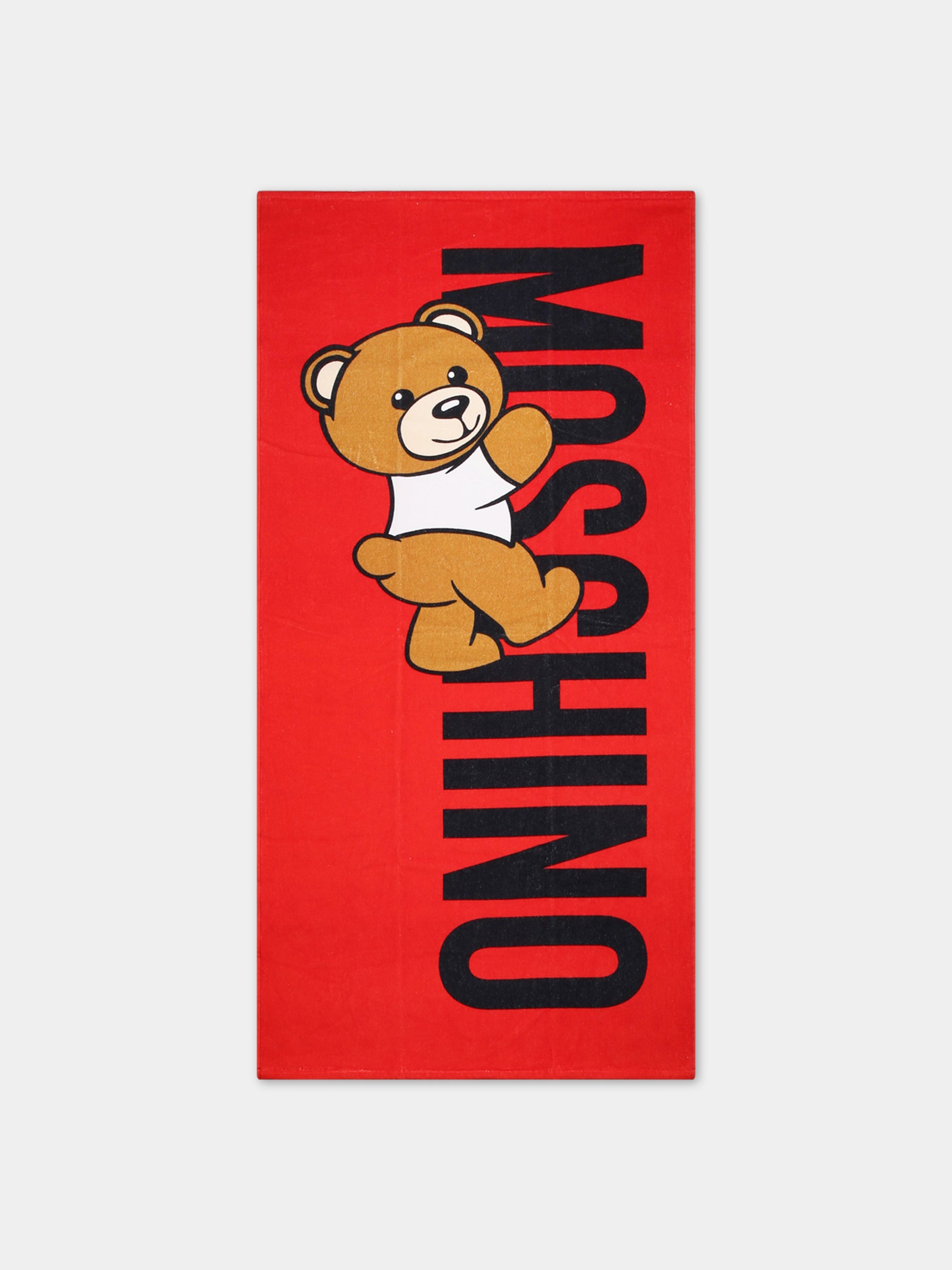 Telo mare rosso per bambini con Teddy Bear e logo,Moschino Kids,HPX01B LGA15 50109
