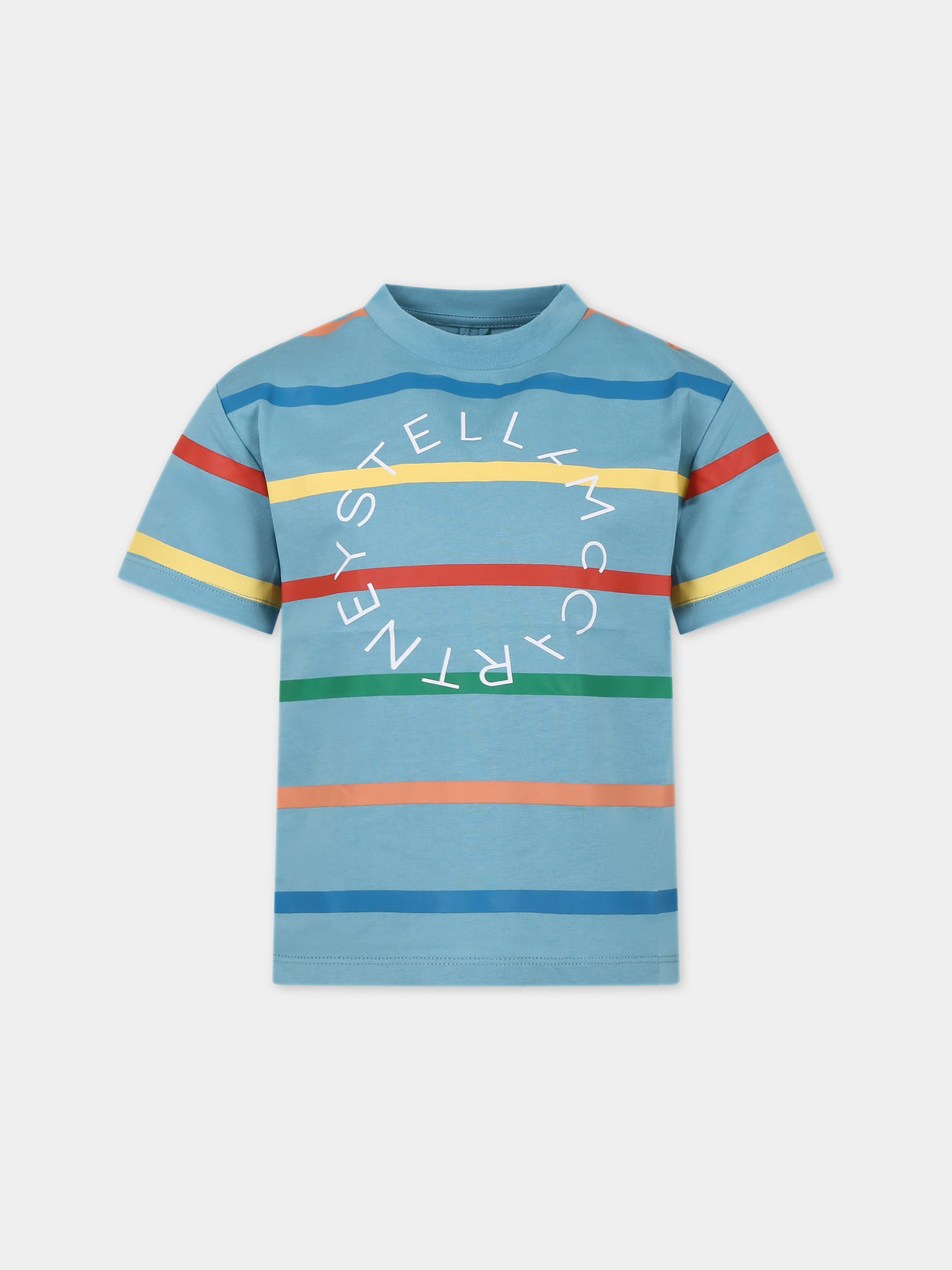 T-shirt celeste per bambini con logo e righe multicolor,Stella Mccartney Kids,TU8P81 Z1742 655MC