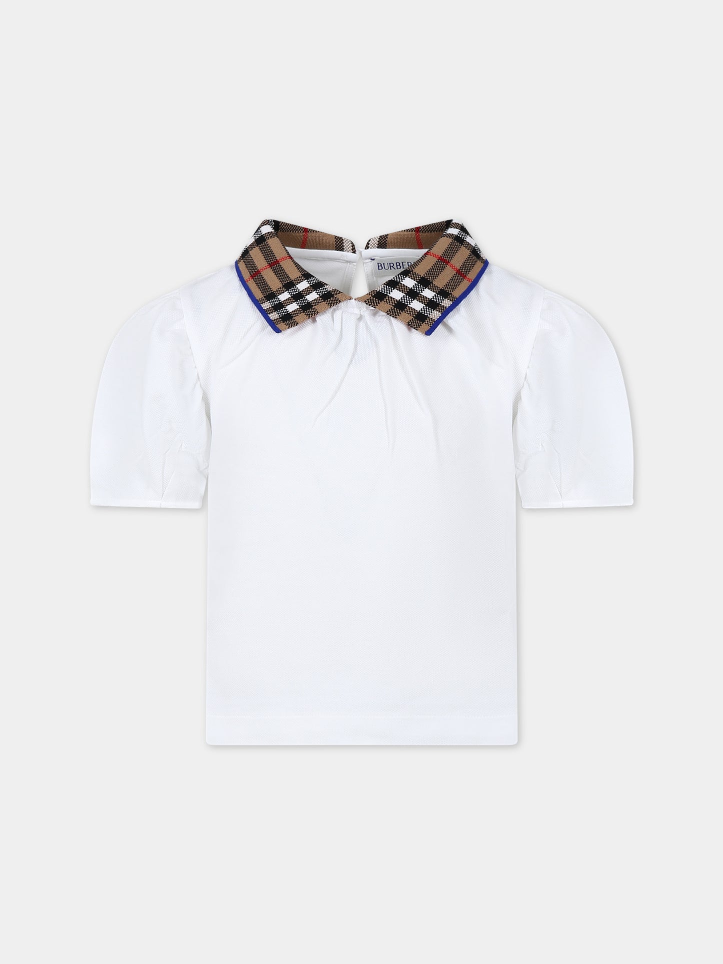 T-shirt bianca per bambina con check vintage sul colletto,Burberry Kids,8073164 A1464
