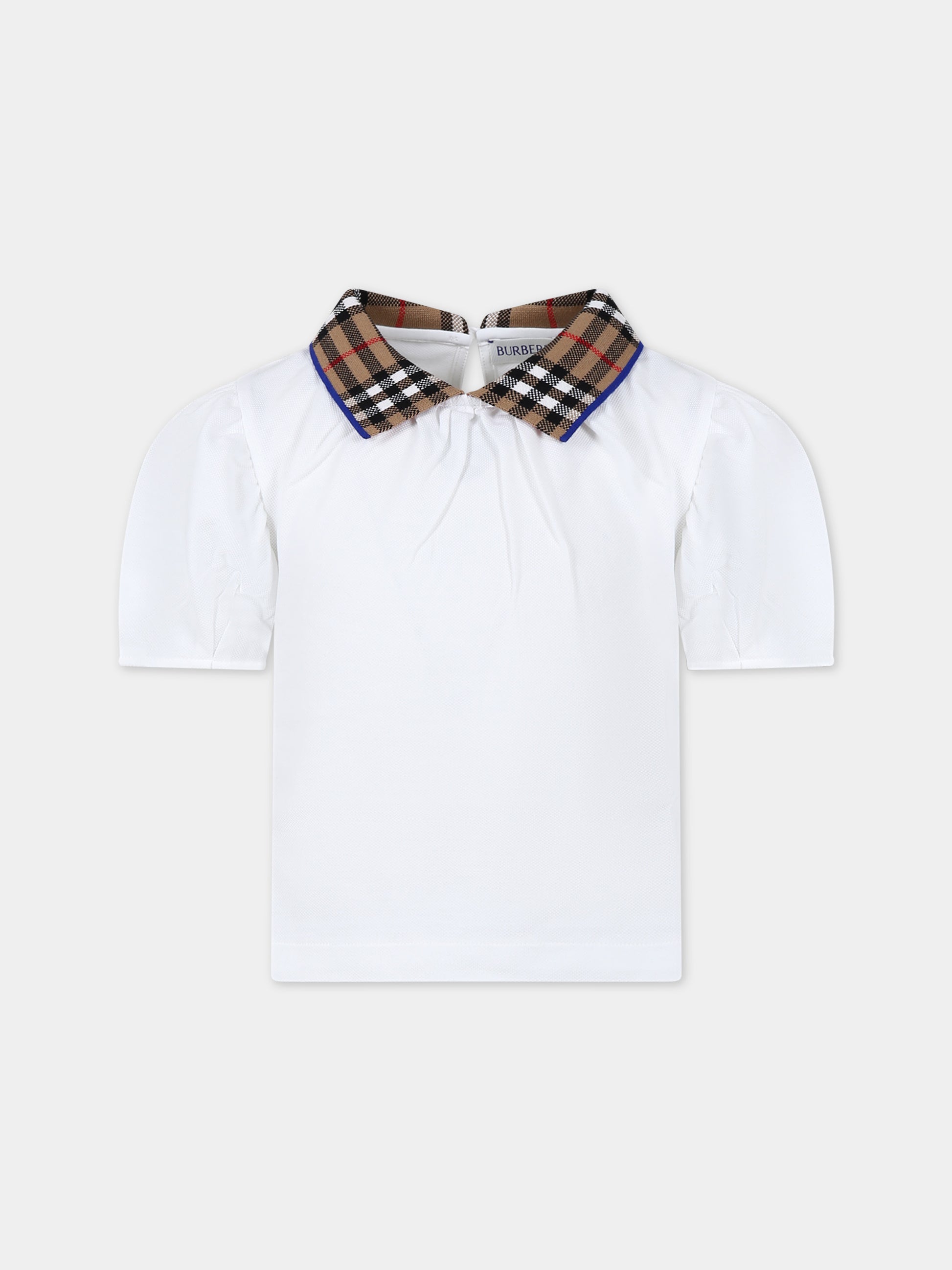 T-shirt bianca per bambina con check vintage sul colletto,Burberry Kids,8073164 A1464