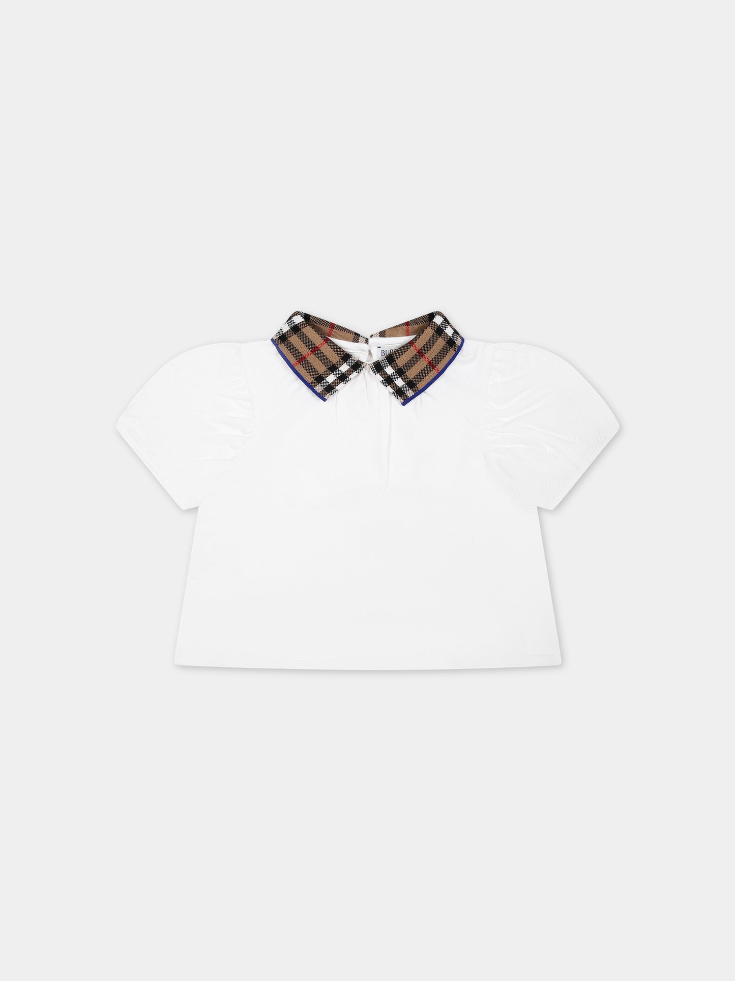 T-shirt bianca per neonata con check vintage sul colletto,Burberry Kids,8078460 A1464