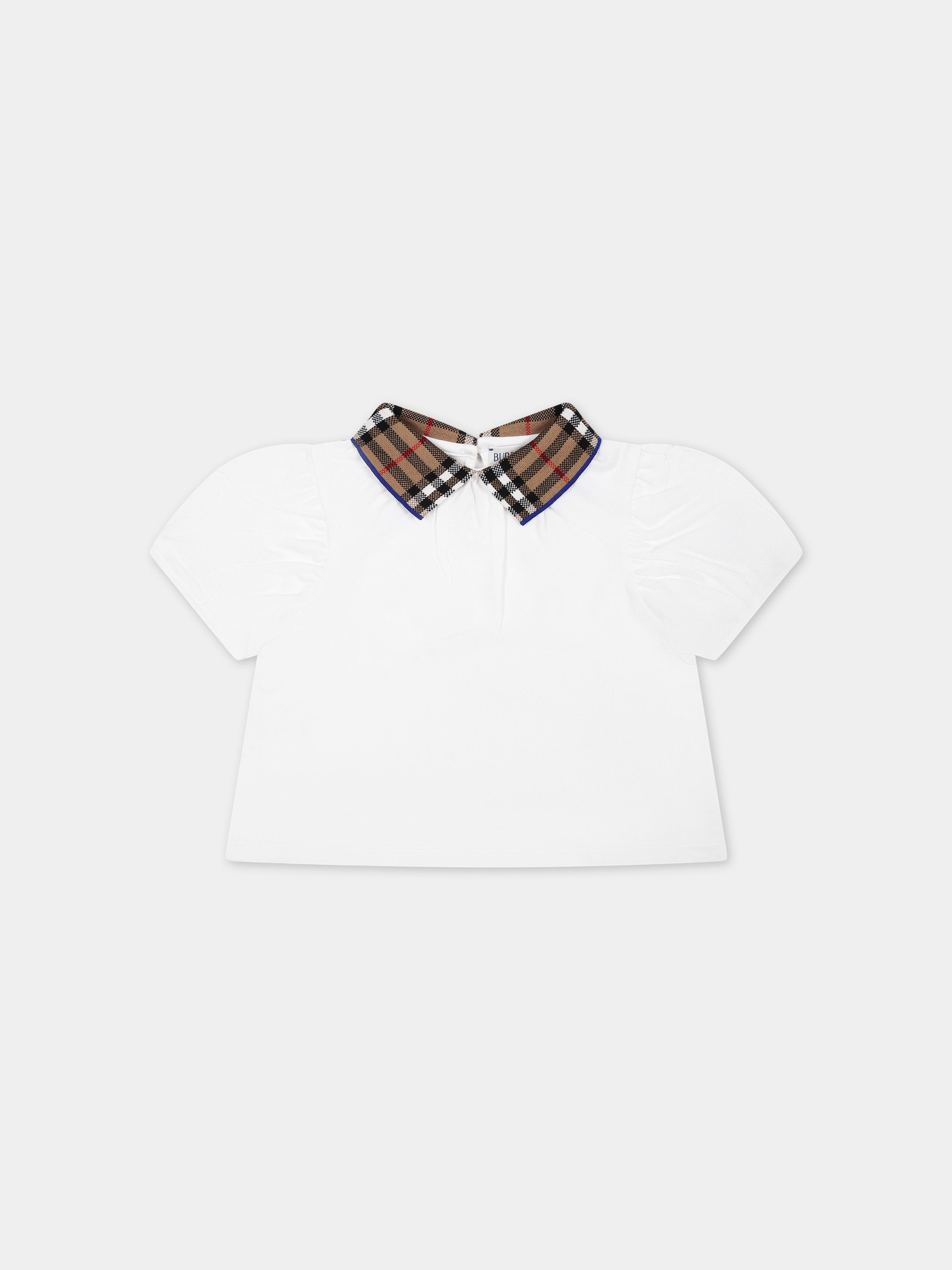 T-shirt bianca per neonata con check vintage sul colletto,Burberry Kids,8078460 A1464