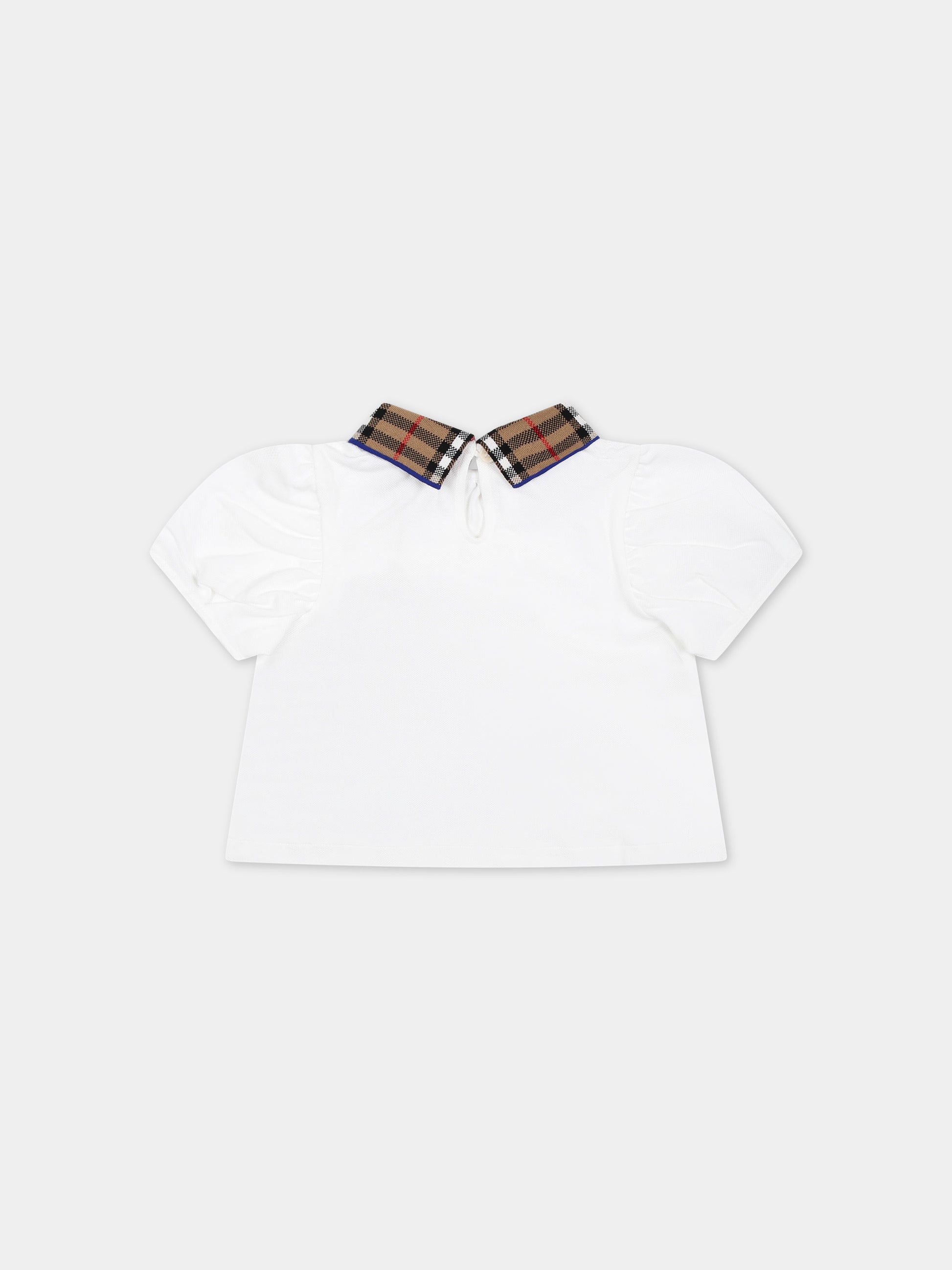 T-shirt bianca per neonata con check vintage sul colletto,Burberry Kids,8078460 A1464