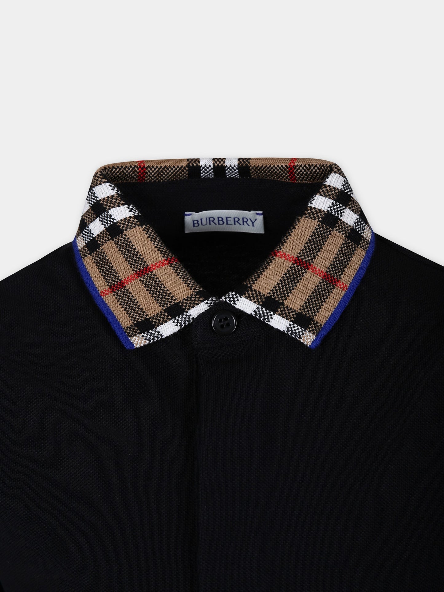 Polo nera per bambino con check vintage sul colletto,Burberry Kids,8078567 A1189