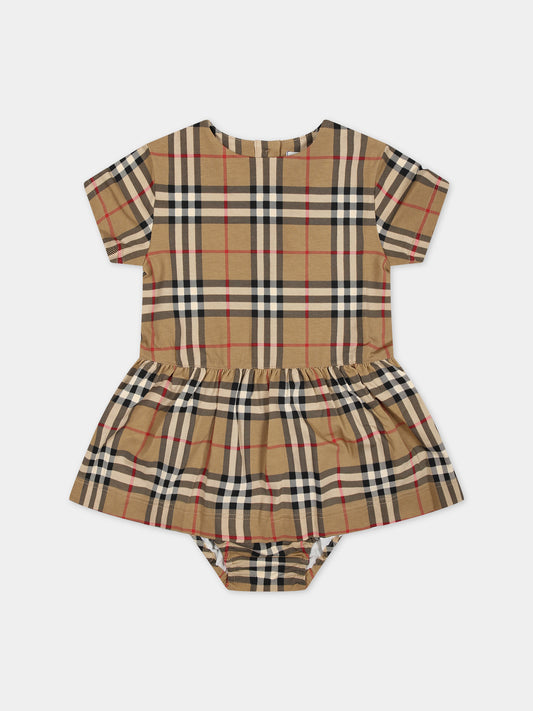 Vestito beige per neonata con iconico check vintage all-over,Burberry Kids,8076367 A7028