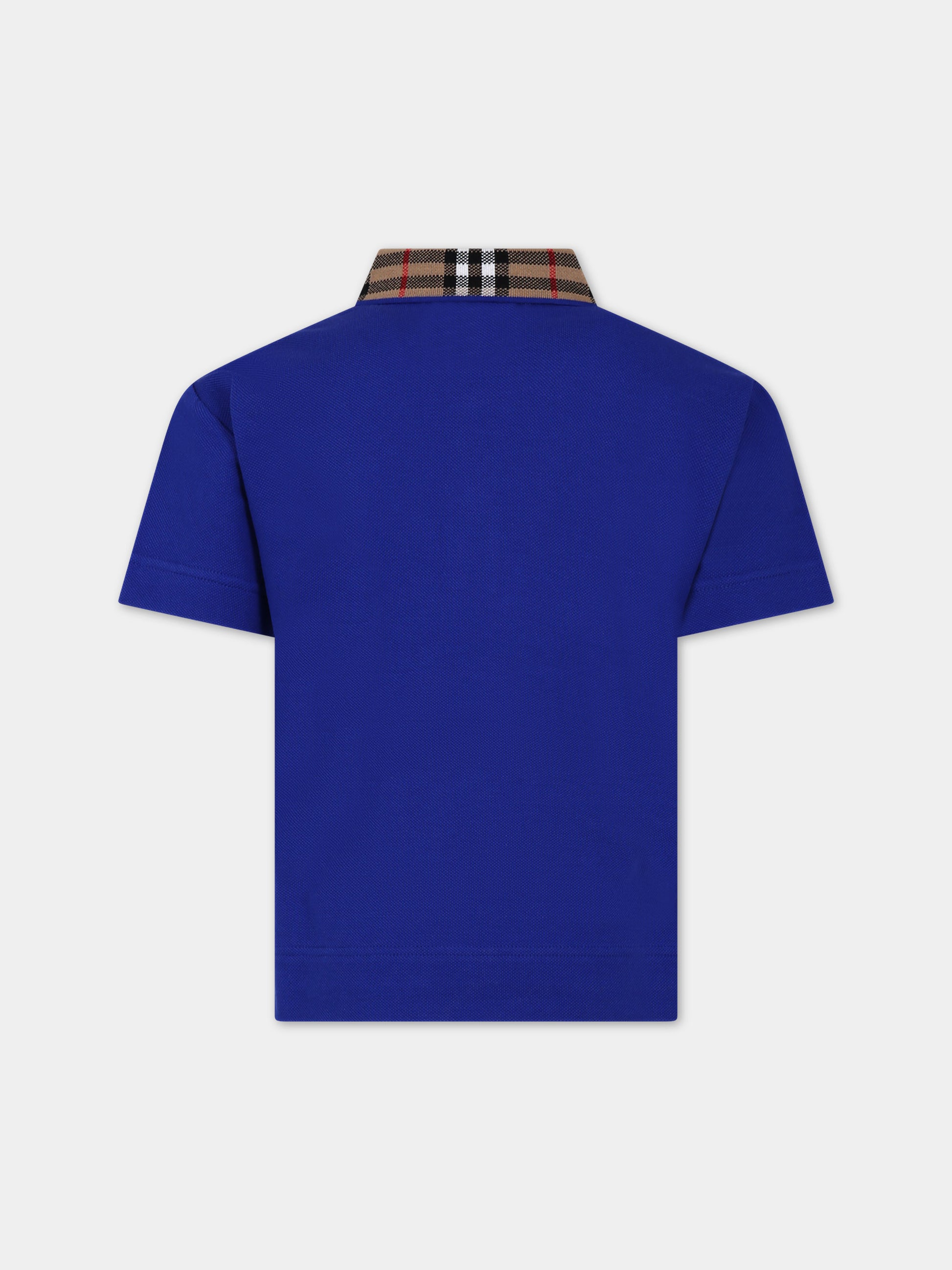 Polo azzurra per bambino con check vintage sul colletto,Burberry Kids,8078570 B7320
