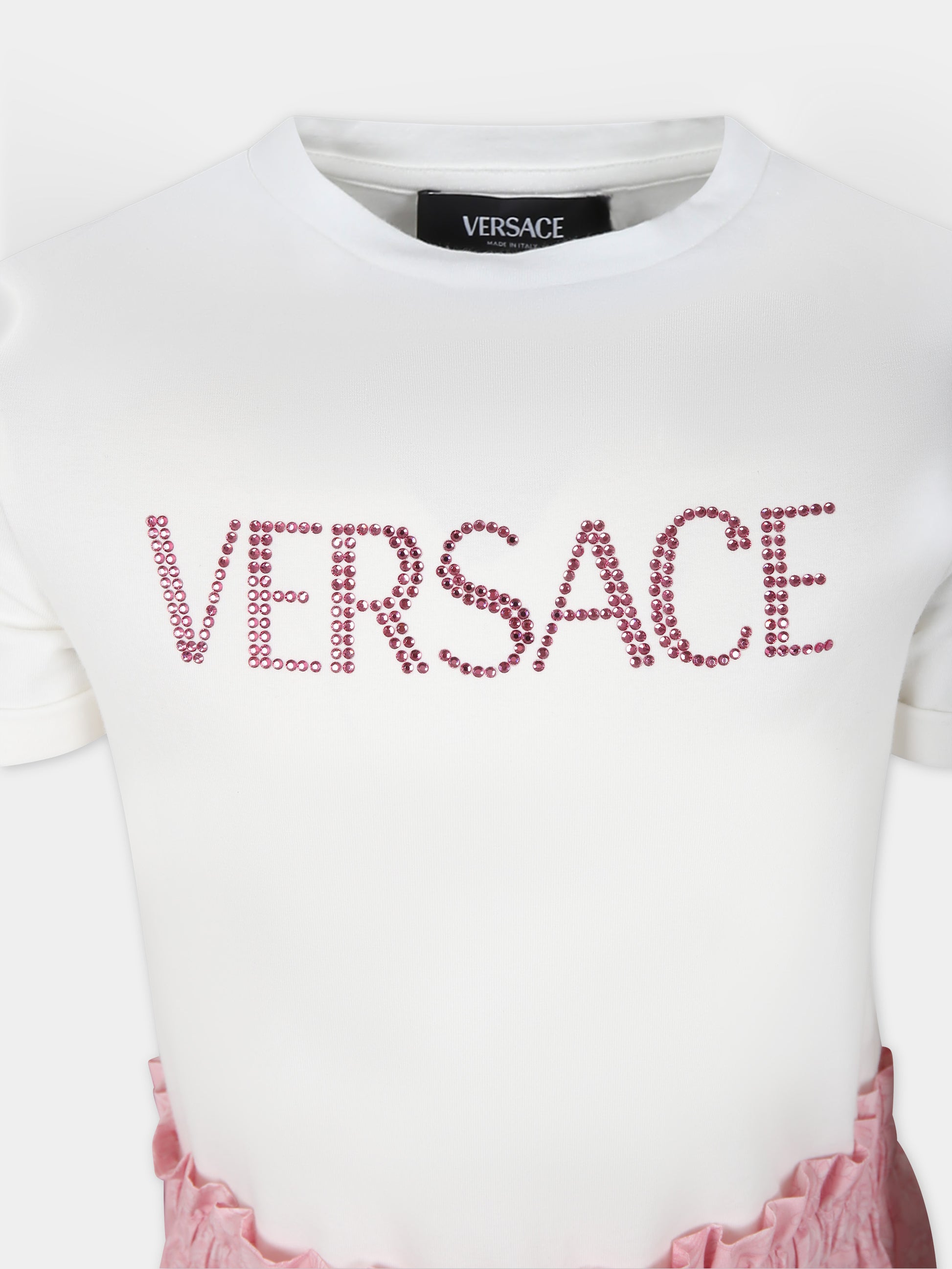 Vestito rosa per neonata con stampa barocco e logo con strass,Versace,1011337 1A09678 2W310