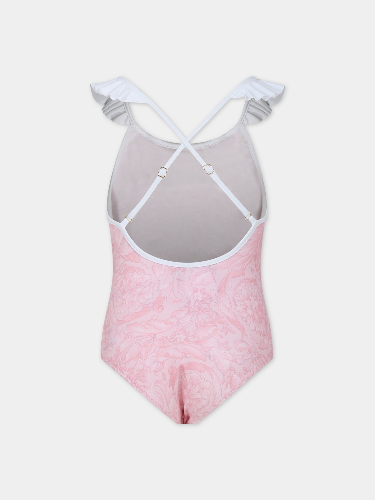 Costume intero rosa per bambina con stampa barocco,Versace,1014233 1A10009 5P950