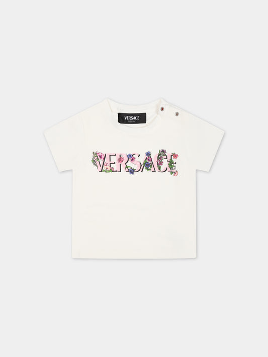 T-shirt bianca per neonata con stampa logo,Versace,1000152 1A09975 2W070