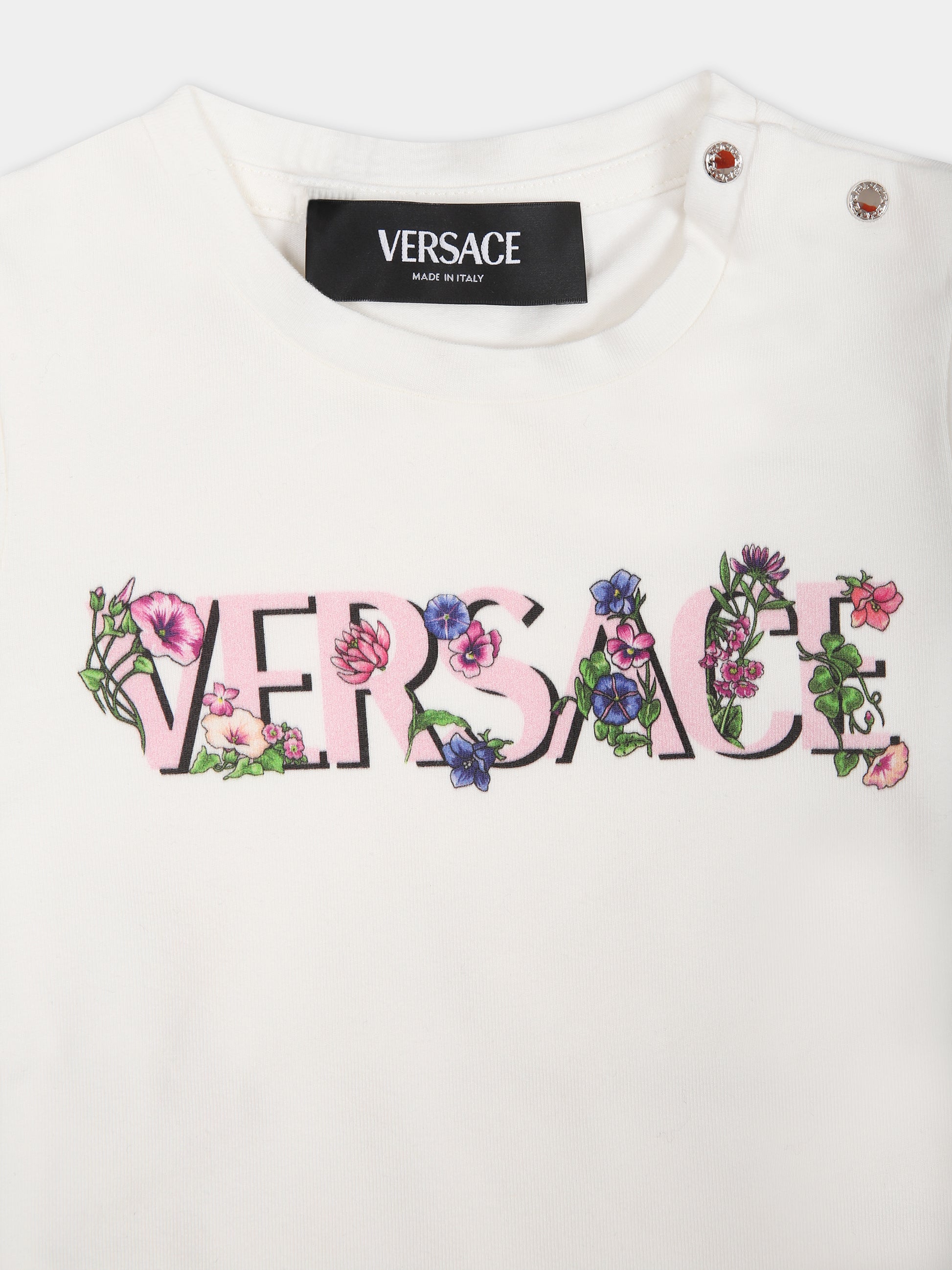 T-shirt bianca per neonata con stampa logo,Versace,1000152 1A09975 2W070