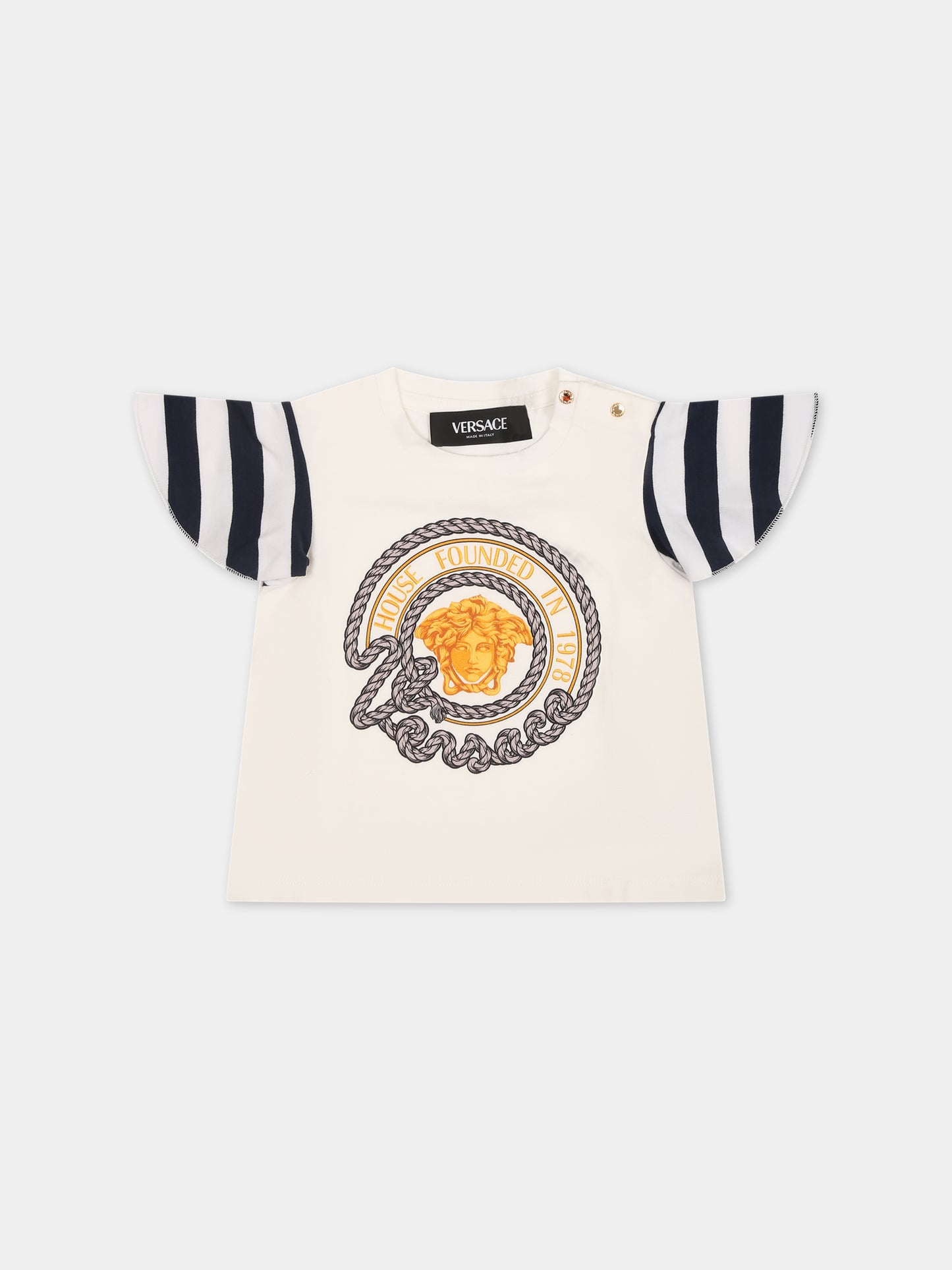 T-shirt bianca per neonata con stampa ancora,Versace,1014029 1A09973 6WC00