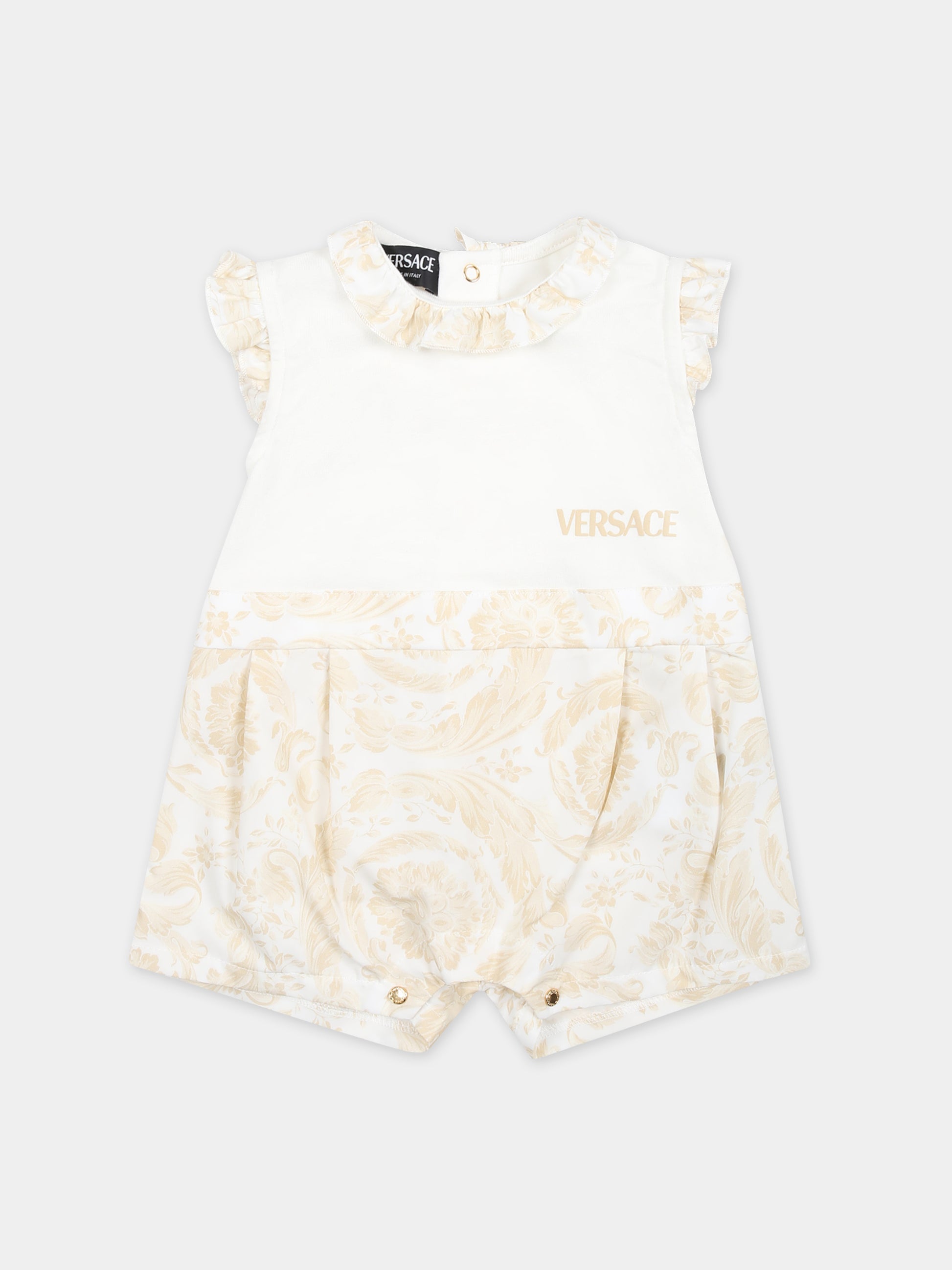 Pagliaccetto beige per neonato con stampa barocco,Versace,1012727 1A09531 2WJ70