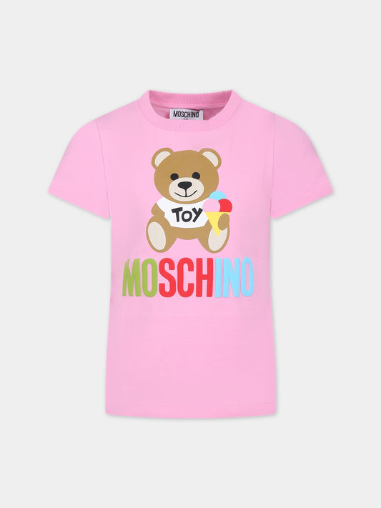 T-shirt rosa per bambini con logo e Teddy Bear,Moschino Kids,HNM03T LBA08 51473