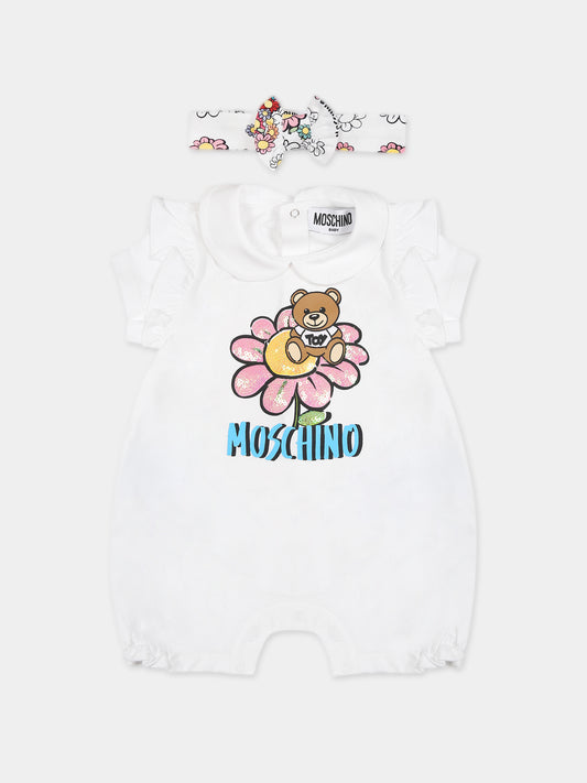 Set bianco per neonata con Teddy Bear e fiore,Moschino Kids,MDY00Y LBA08 10101