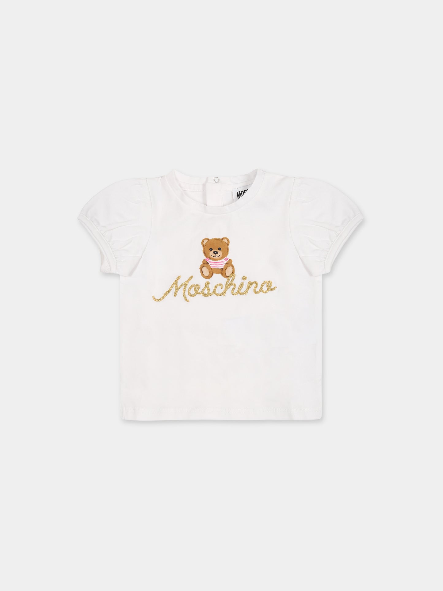 T-shirt bianca per neonata con Teddy Bear e logo,Moschino Kids,MHM02B LBA34 10101