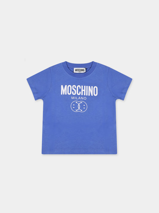 T-shirt blu per neonato con smile e logo,Moschino Kids,MNM032 LAA23 40640