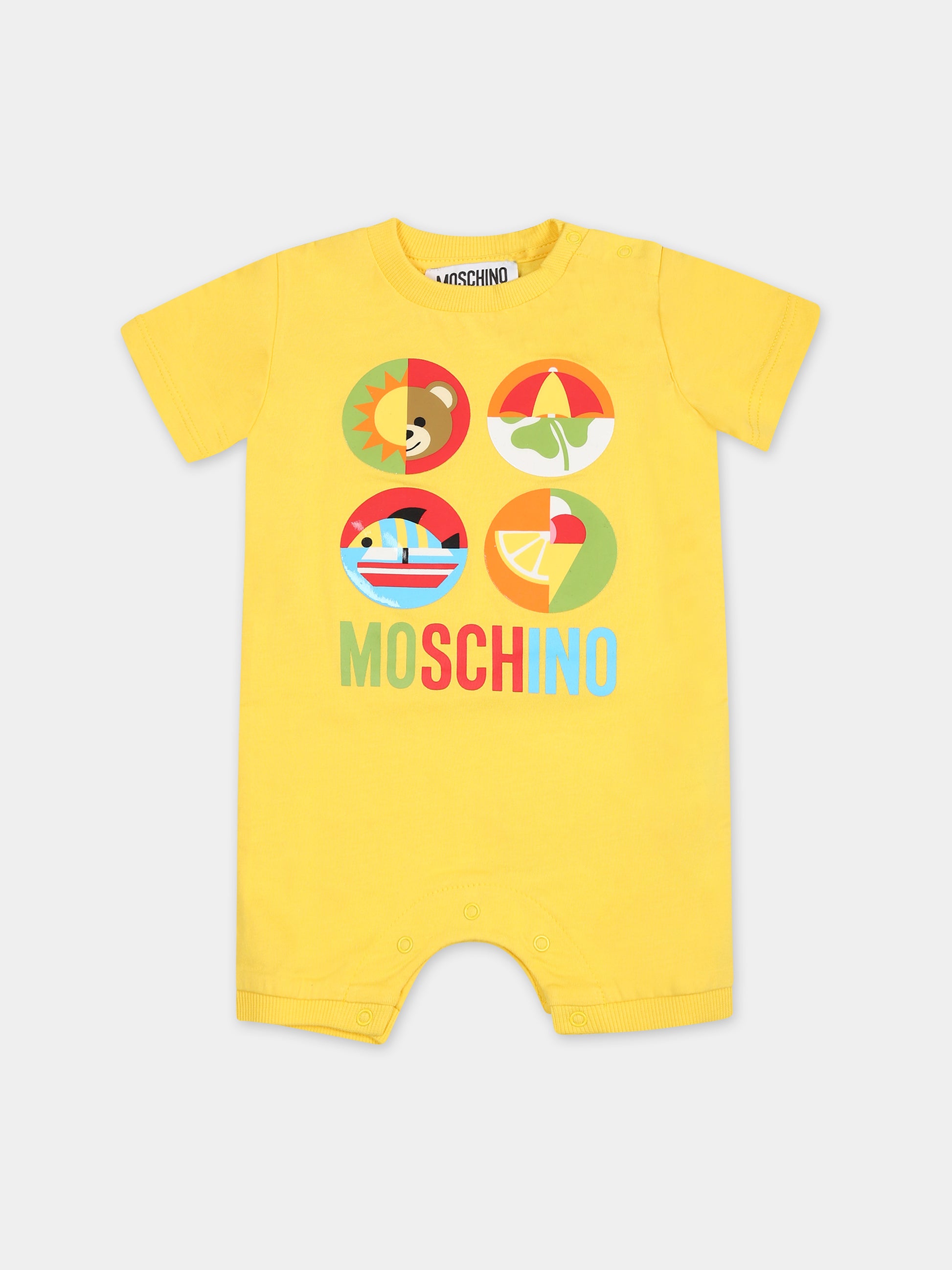 Pagliaccetto giallo per neonato con logo e stampa,Moschino Kids,MUT035 LAA24 50162