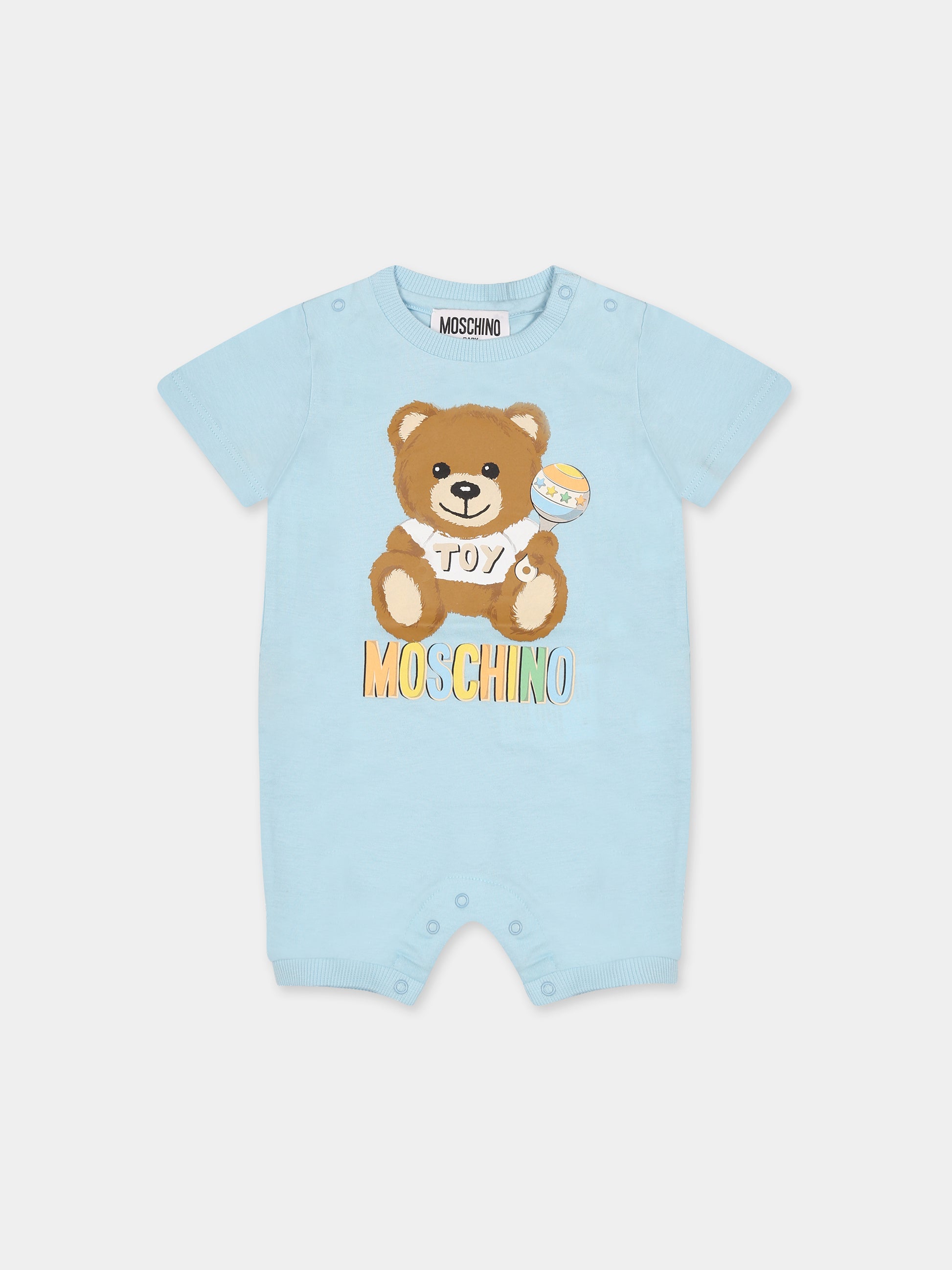 Pagliaccetto celeste per neonato con Teddy bear e logo,Moschino Kids,MUT037 LAA03 40304