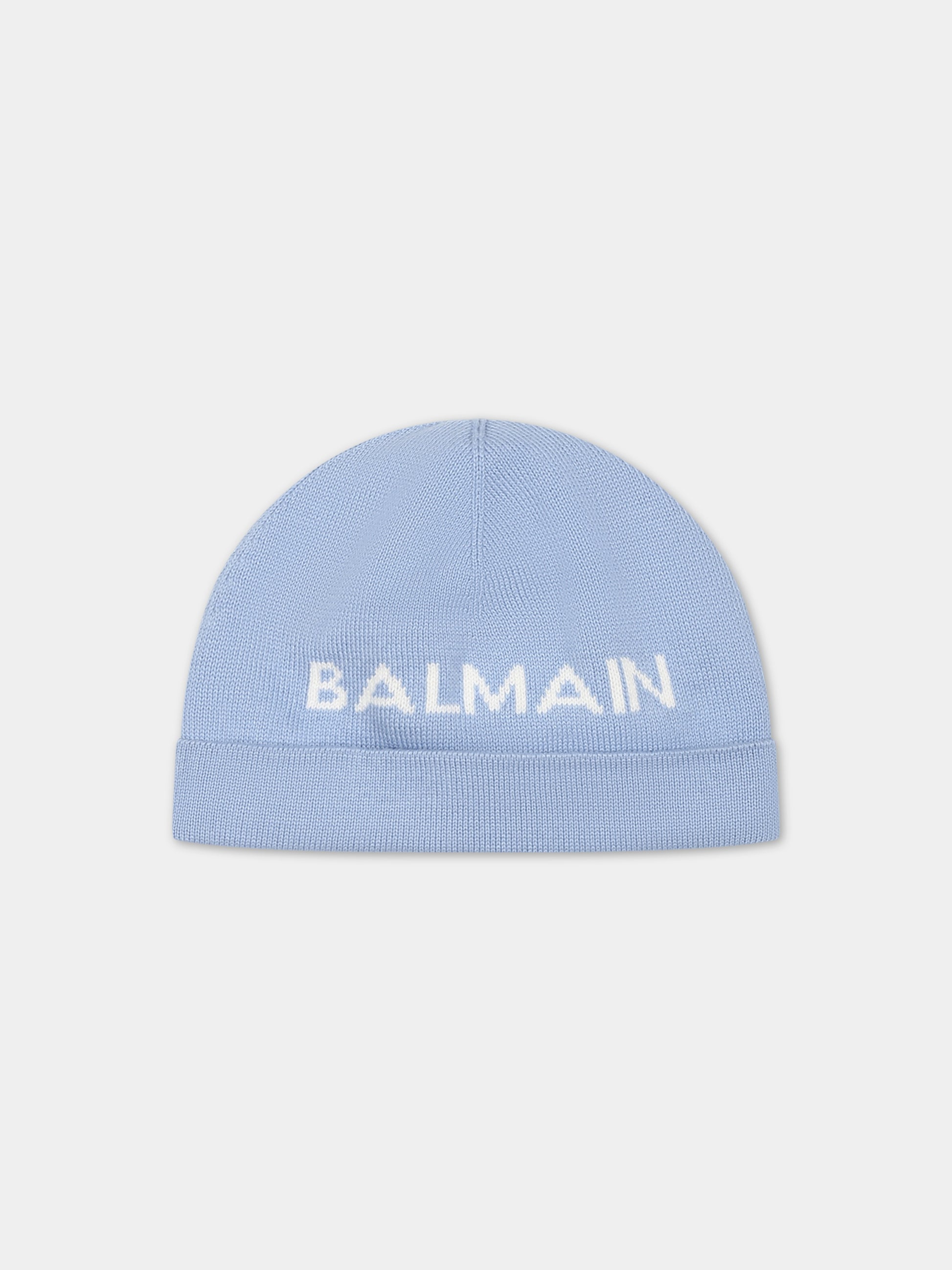 Cappello celeste per neonati con logo,Balmain Kids,BS0P47 X0006 608