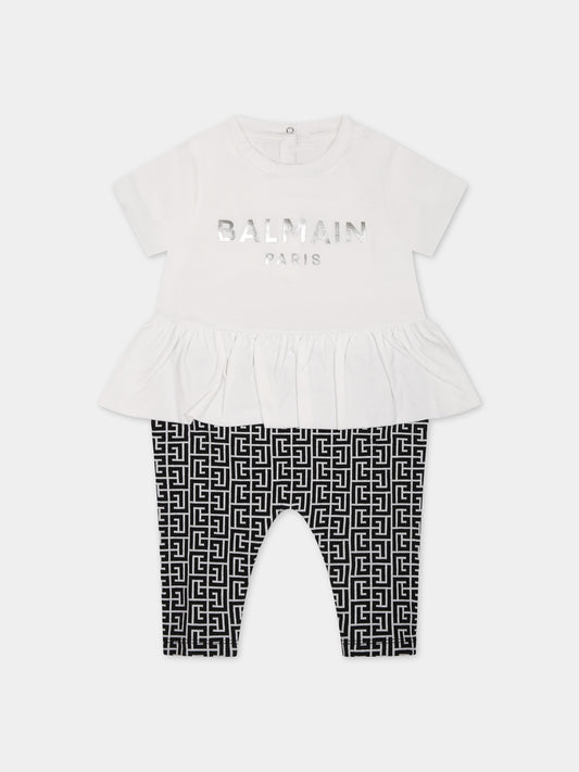 Tutina bianca per neonata con logo,Balmain Kids,BSA011 Z0057 100AG