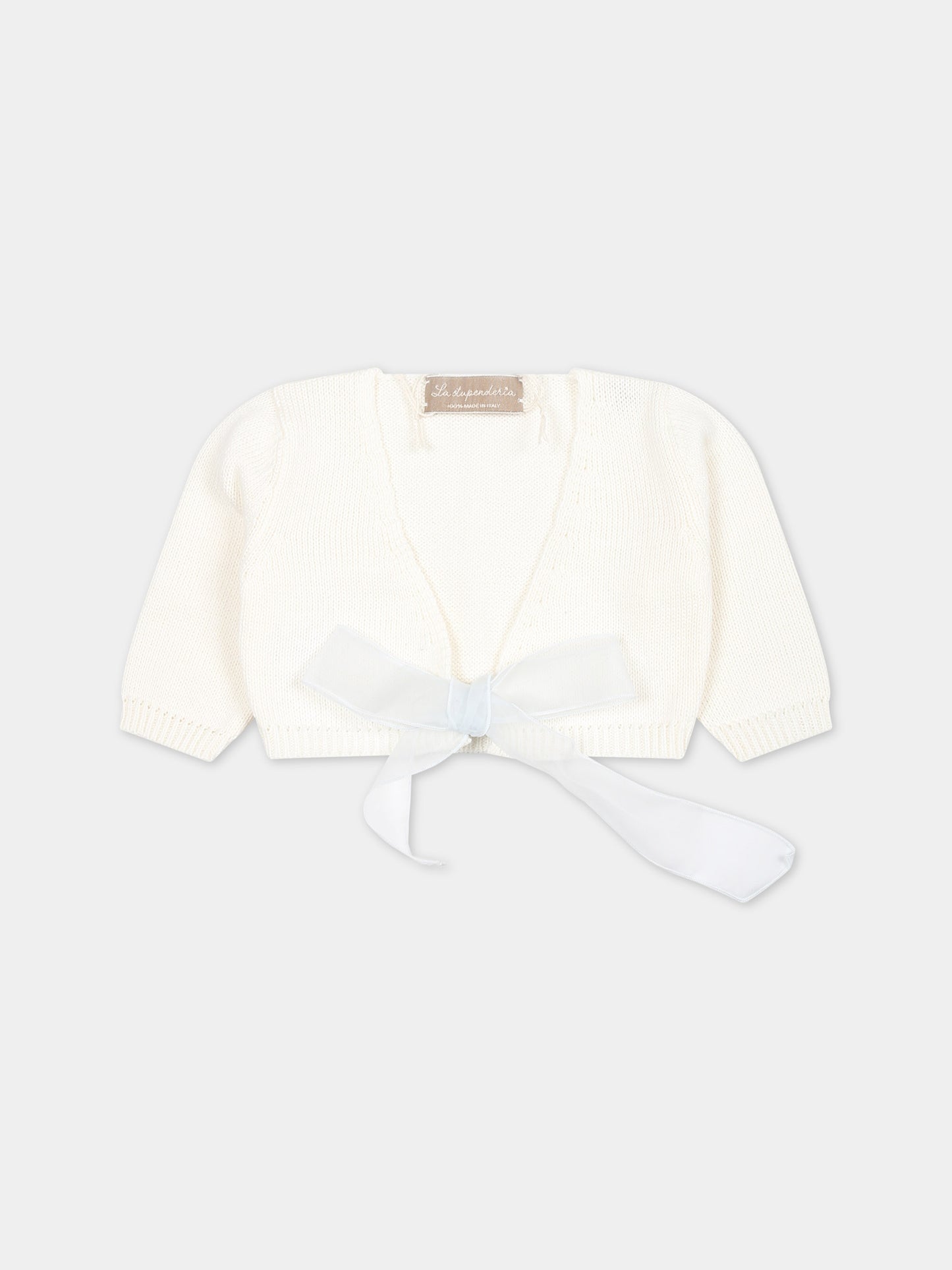 Cardigan bianco per neonata con fiocco celeste,La Stupenderia,SCSC52102 CELESTE