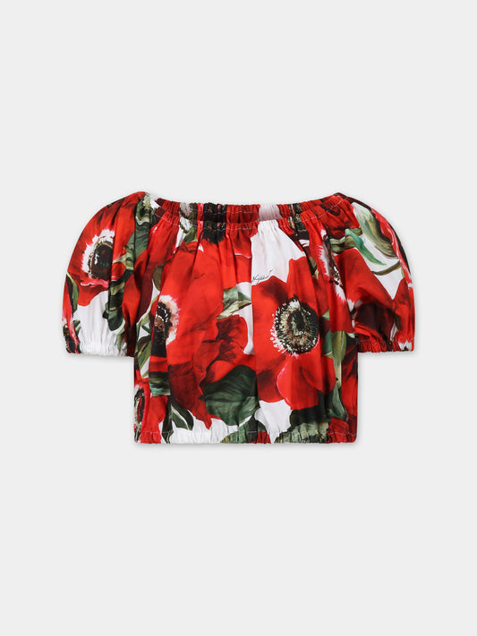 Top rosso per bambina con stampa papaveri,Dolce & Gabbana Kids,L55S88 HS5Q4 HAAA5