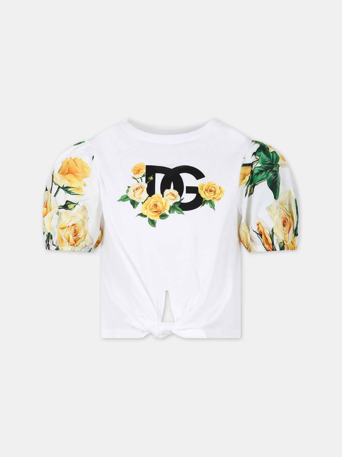 T-shirt bianca per bambina a fantasia flowering,Dolce & Gabbana Kids,L5JTMI G7K6J HA3VO