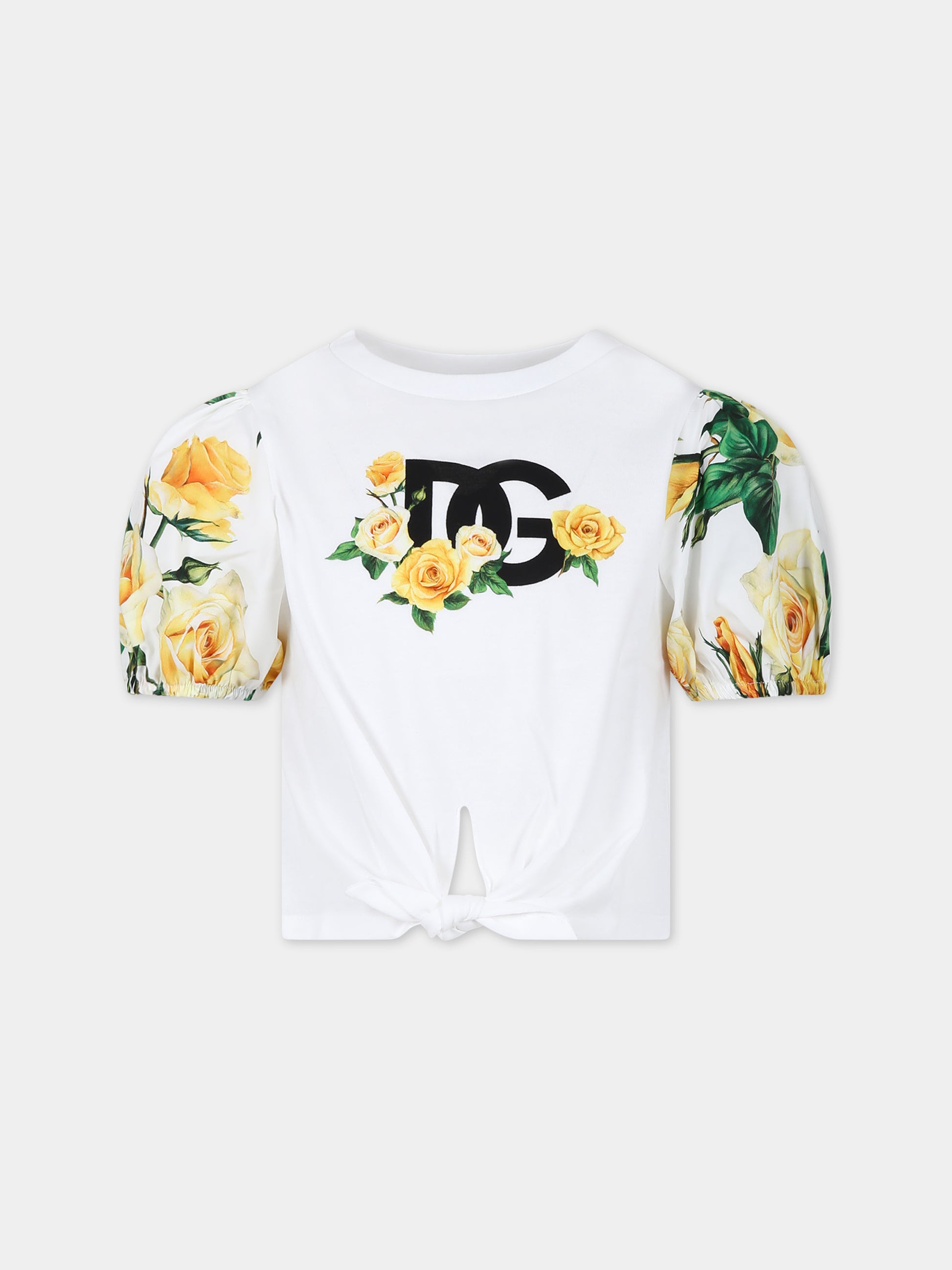 T-shirt bianca per bambina a fantasia flowering,Dolce & Gabbana Kids,L5JTMI G7K6J HA3VO