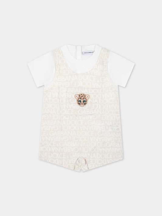 Pagliaccetto beige per neonati con tigre e logo all-over,Dolce & Gabbana Kids,L1JO6K G7L5G S9000