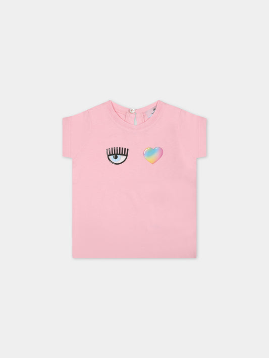 T-shirt rosa per bambina con eye flirting e cuore,Chiara Ferragni Collection,53C602 3021 090F