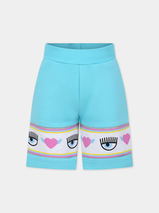 Shorts azzurri per bambina con eyes flirting e cuori,Chiara Ferragni Collection,59C412 3020 057F