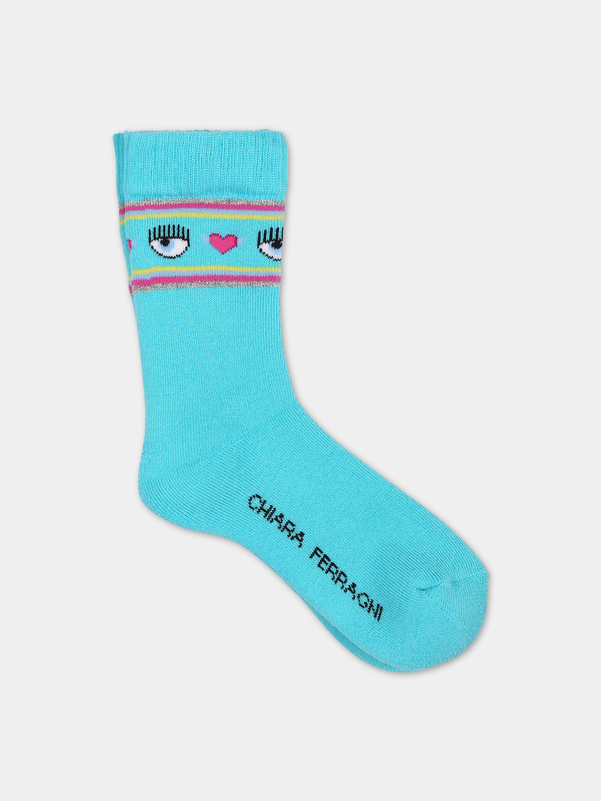 Calze azzurre per bambina con eyes flirting e cuori,Chiara Ferragni Collection,59C001 3080 057F
