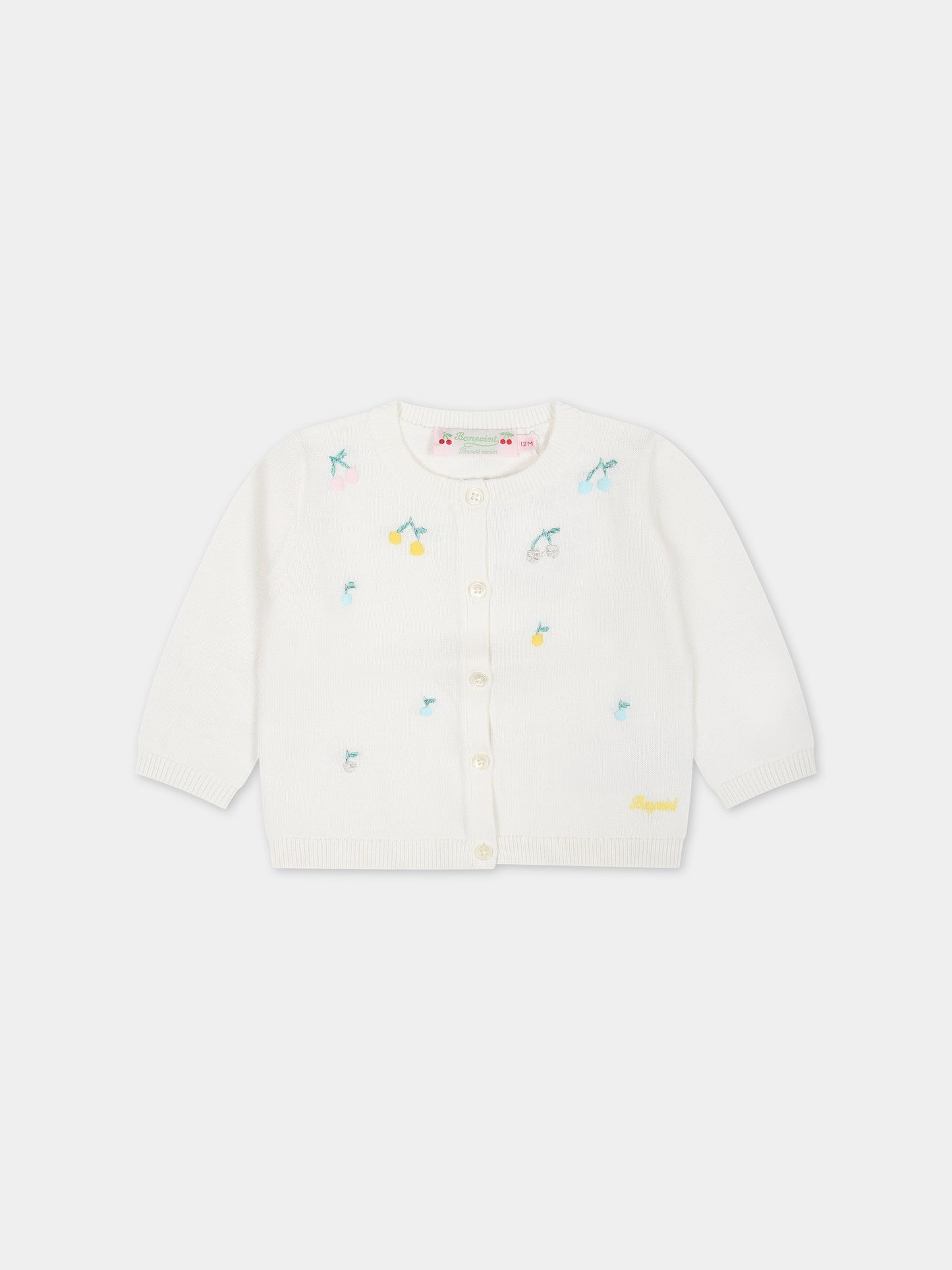 Cardigan bianco per neonata con ciliegie ricamate all-over,Bonpoint,S04XCAK00009 102