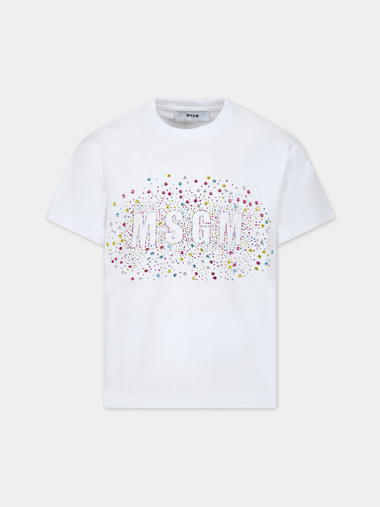 T-shirt bianca per bambina con logo e strass,Msgm Kids,S4MSJGTH152 001