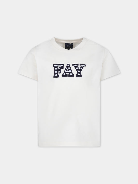 T-shirt avorio per bambino con logo,Fay Kids,FU8P21 Z1173 103