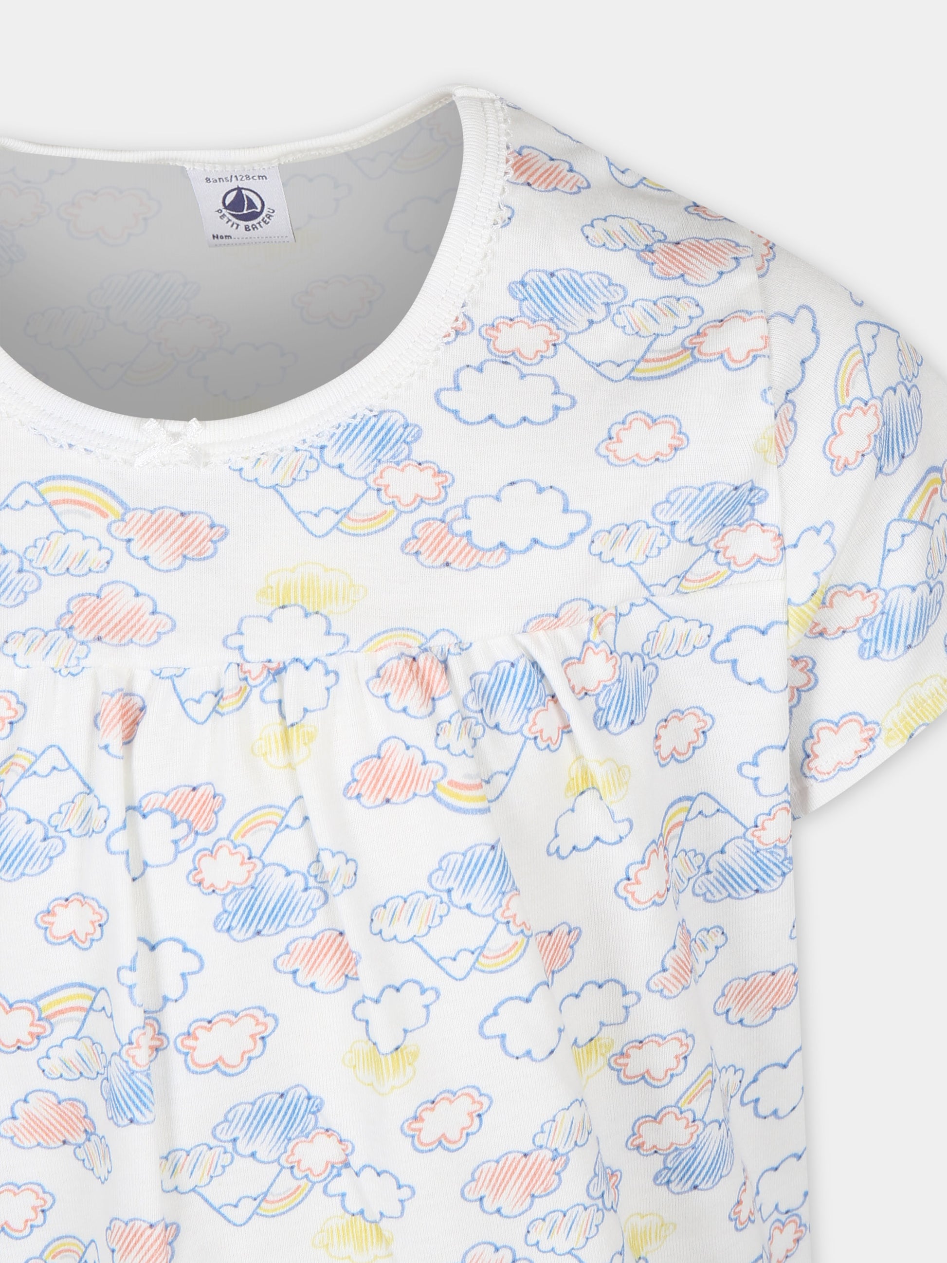 Pigiama bianco per bambina con stampa nuvole,Petit Bateau,A09R8 01 MARSHMALLOW/MULTICO