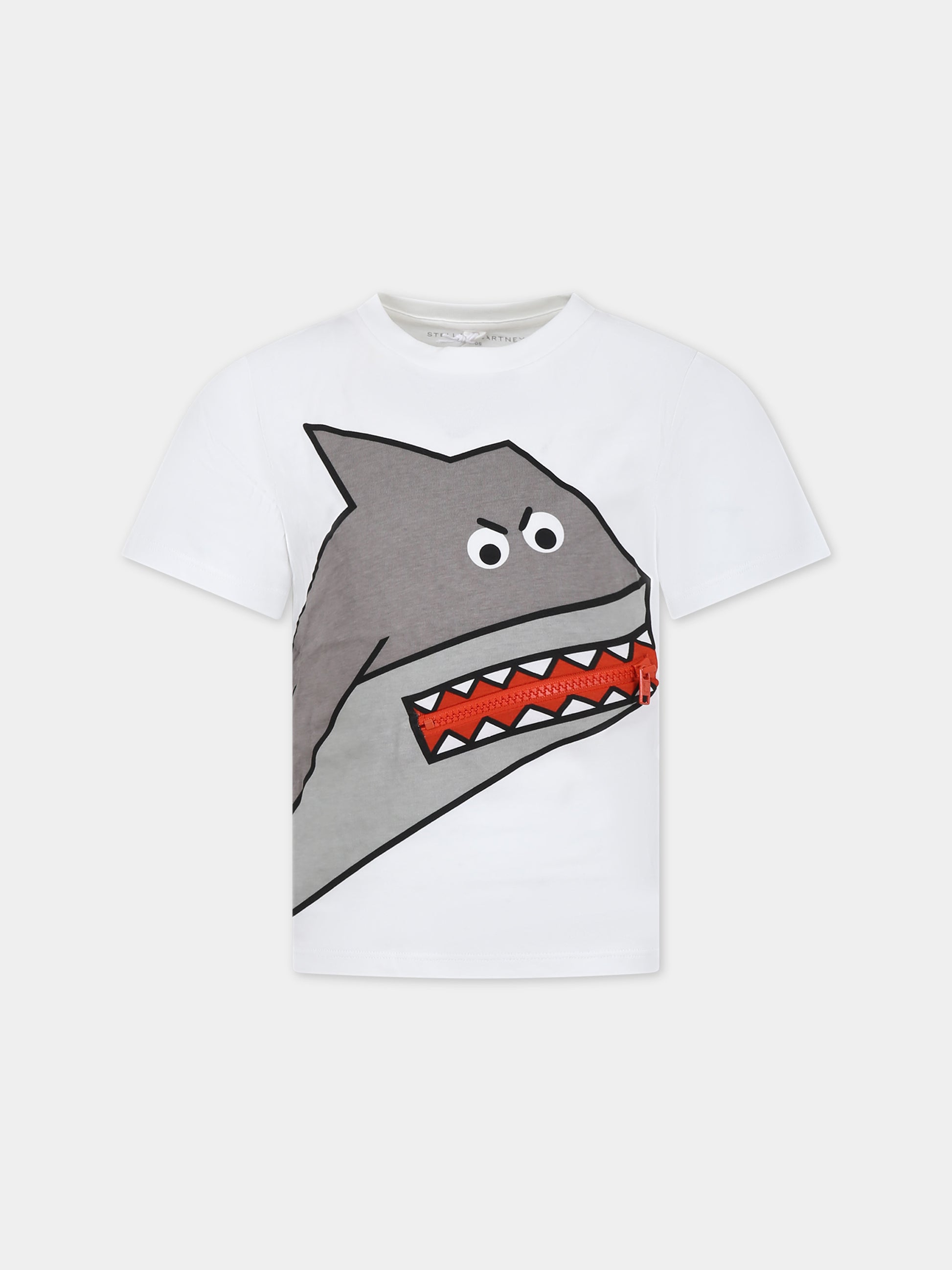 T-shirt bianca per bambino con squalo,Stella Mccartney Kids,TU8P11 Z0434 101