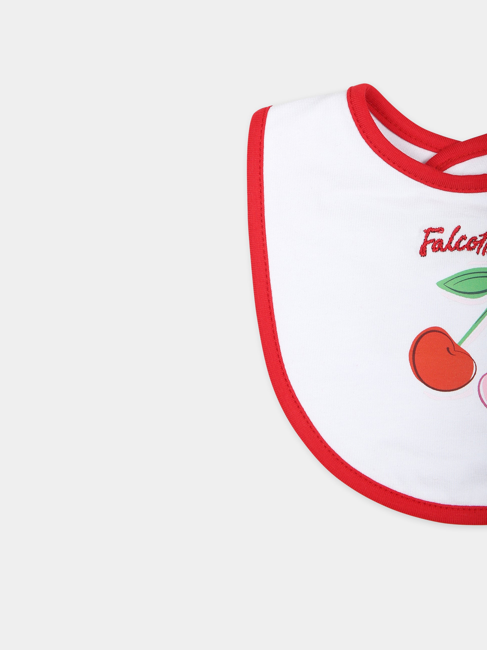 Bavaglino bianco per neonata con stampa ciliegie e logo,Falcotto,001 6002221 01 1H09