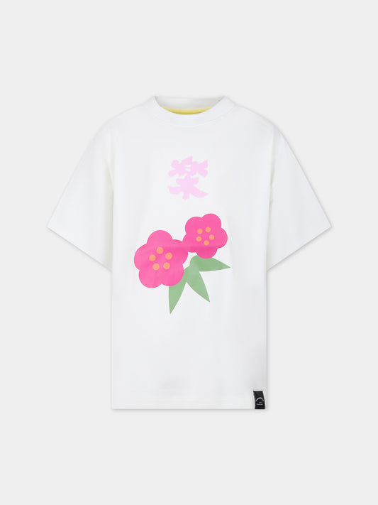 T-shirt bianca per bambina con fiori,Flower Mountain,001 6002234 01 0N02