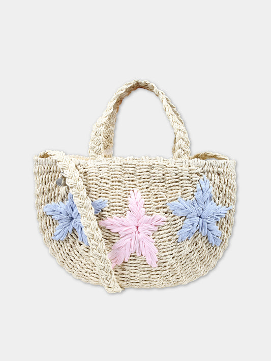 Borsa mare in paglia beige per bambina con stelle marine,Monnalisa,19C066 3097 0003
