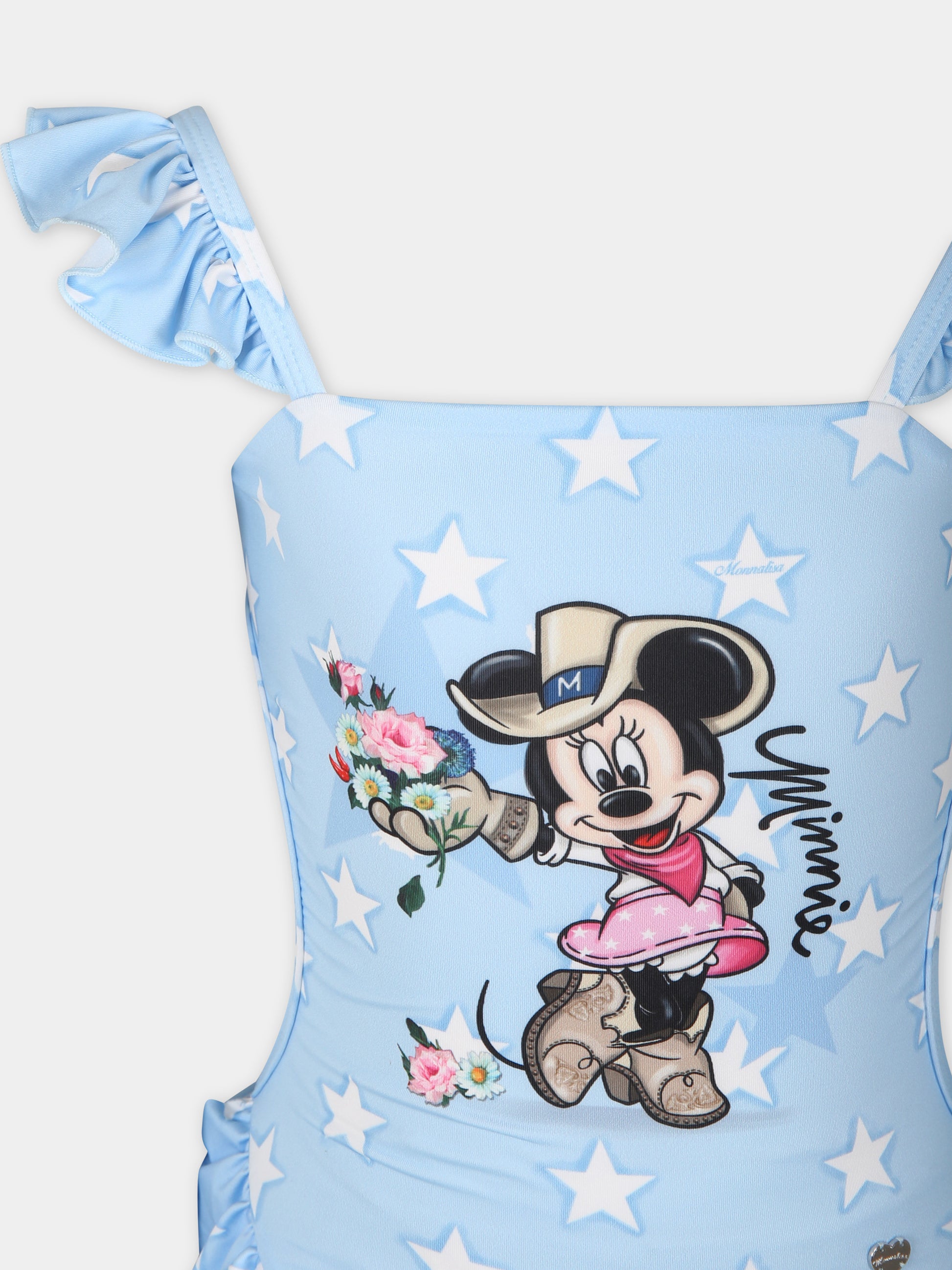 Costume intero celeste per bambina con Minnie,Monnalisa,19C060 3094 5899