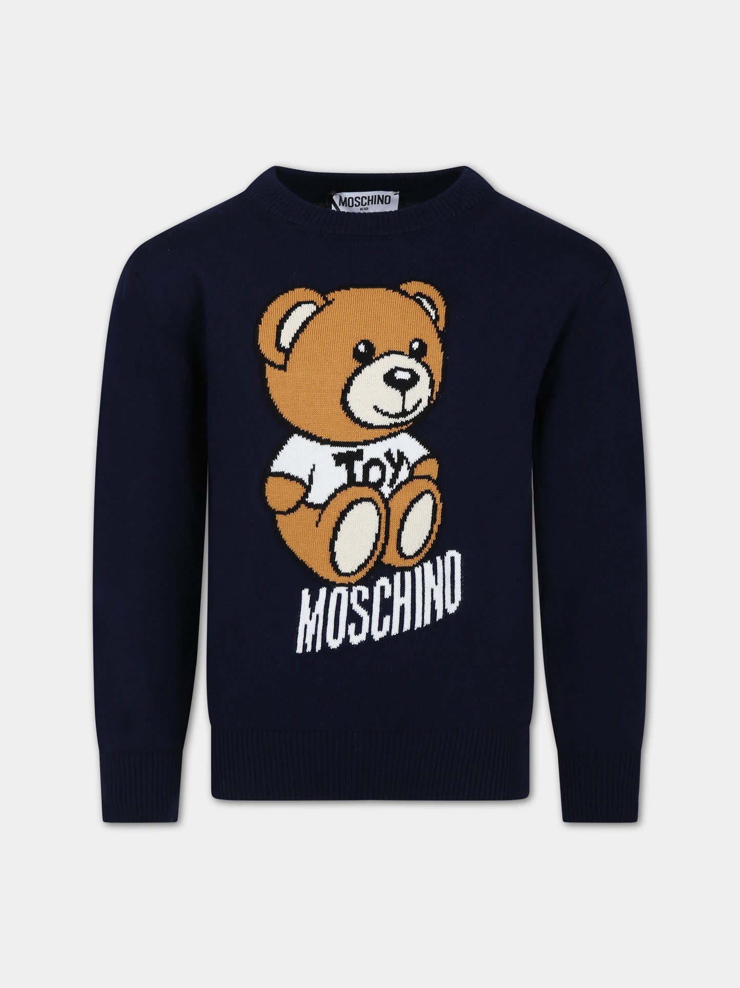 Maglione blu per bambina con Teddy bear e logo,Moschino Kids,HPW00J LHE13 40016