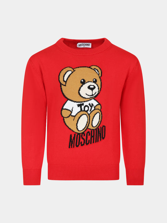 Maglione rosso per bambini con Teddy bear e logo,Moschino Kids,HPW00J LHE13 50109