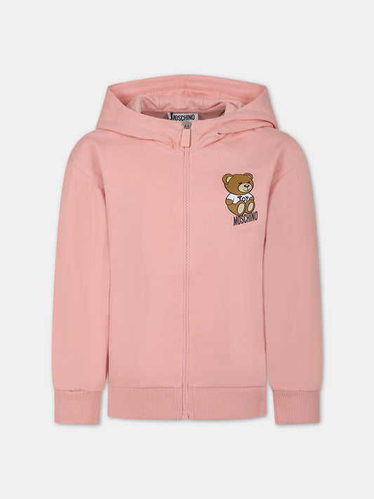 Felpa rosa per bambina con Teddy Bear e logo,Moschino Kids,HUF07F LCA19 50209