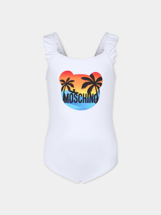 Costume intero bianco per neonata con logo,Moschino Kids,HDL00V LKA00 10101