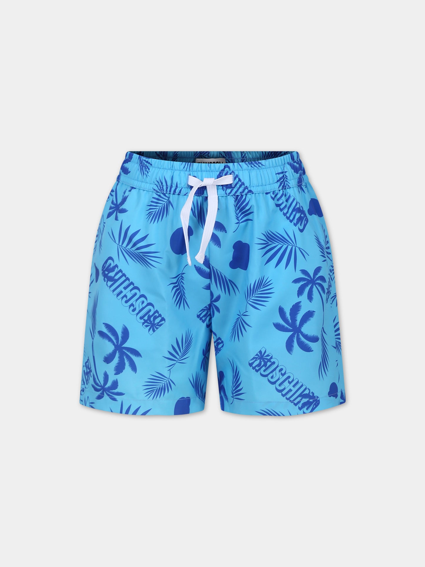 Boxer mare azzurro per bambino con fantasia tropicale e logo all-over,Moschino Kids,HUL01G LKA02 85838