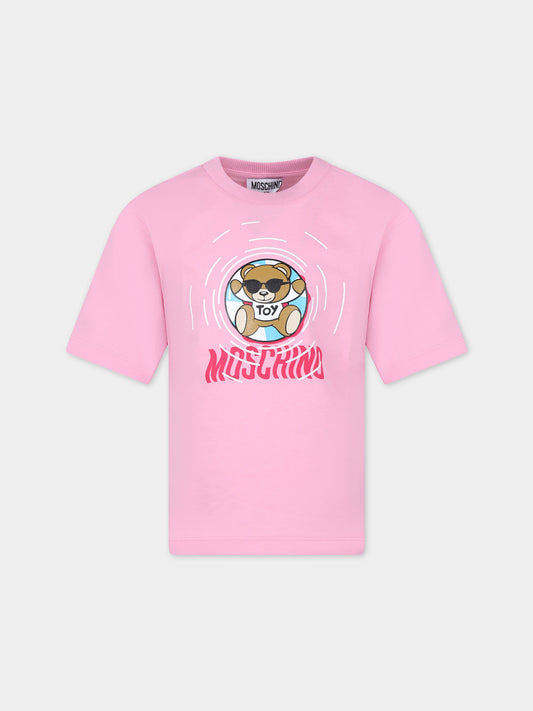 T-shirt rosa per bambina con stampa multicolor e Teddy Bear,Moschino Kids,HUM04R LAA23 50206