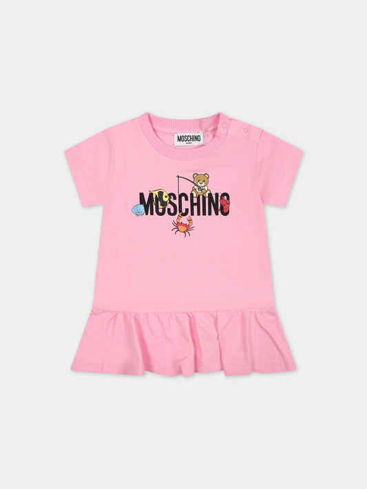 Vestito rosa per neonata con logo e animaletti,Moschino Kids,MDV0BF LAA02 50206