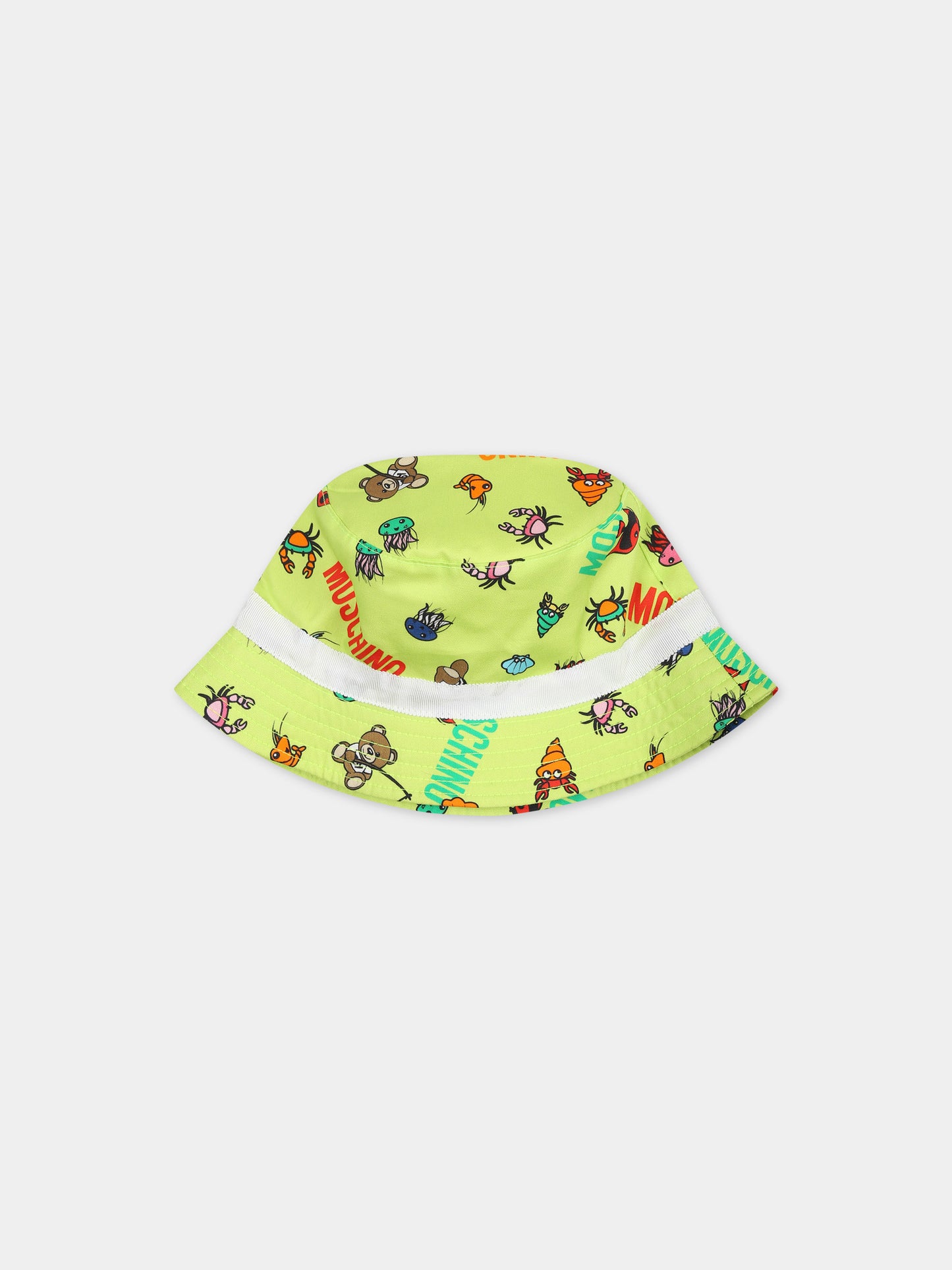 Cloche verde per neonato con fantasia animaletti e logo multicolor all-over,Moschino Kids,MUX04Q LOB17 85840